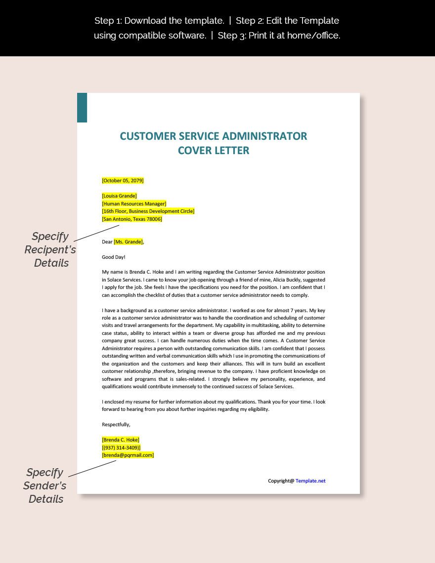 Customer Service Administrator Cover Letter Template