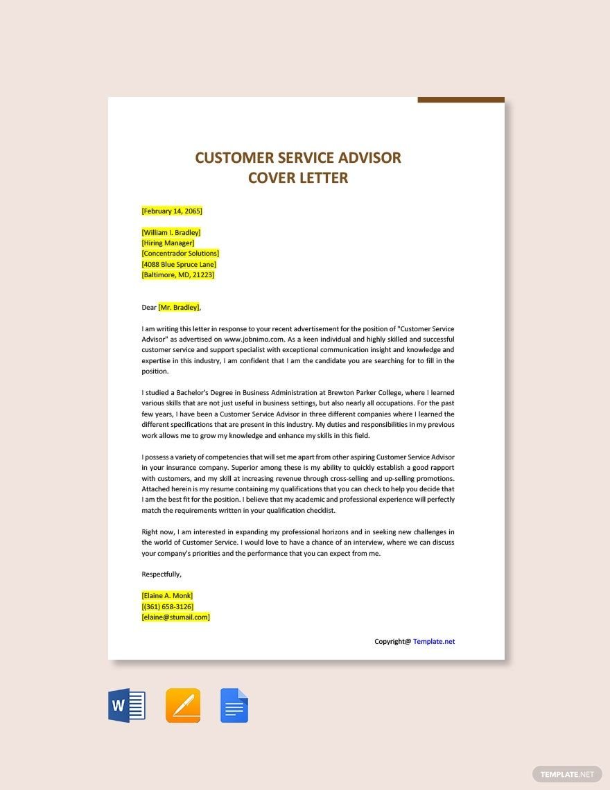 Customer Service Advisor Cover Letter Template
