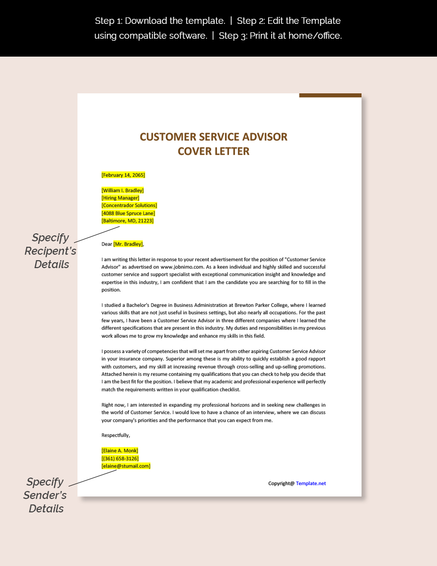 Customer Service Advisor Cover Letter Template