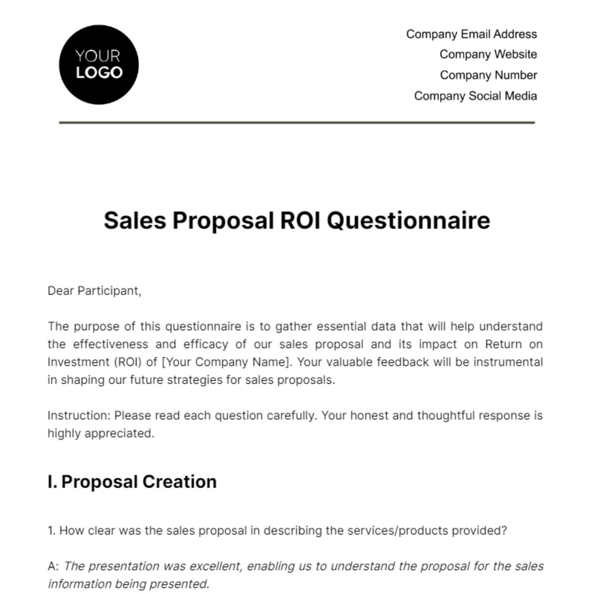 Free Sales Proposal ROI Questionnaire Template