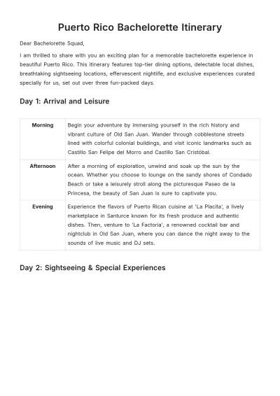 Free Puerto Rico Bachelorette Itinerary Template to Edit Online