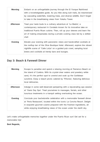 Free Puerto Rico Bachelorette Itinerary Template to Edit Online