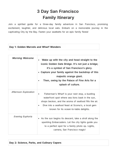 Free 3 Day San Francisco Family Itinerary Template to Edit Online