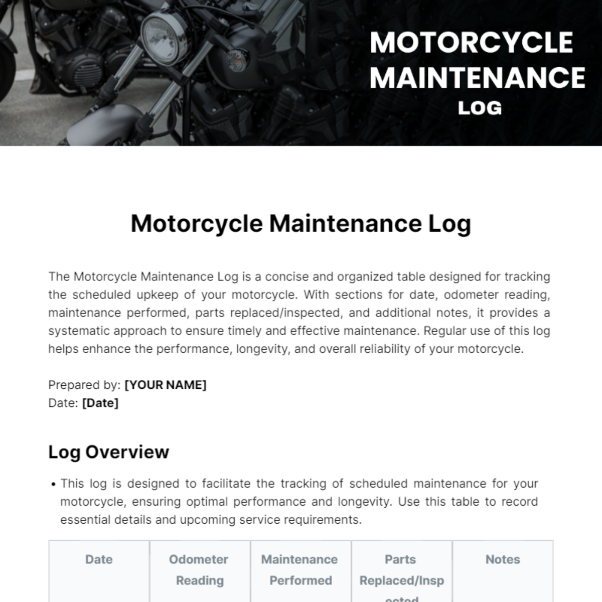 Free Motorcycle Maintenance Log Template