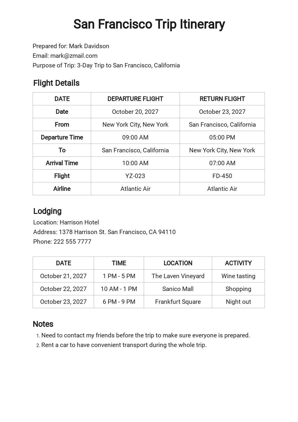 Travel Itinerary Template Google Docs