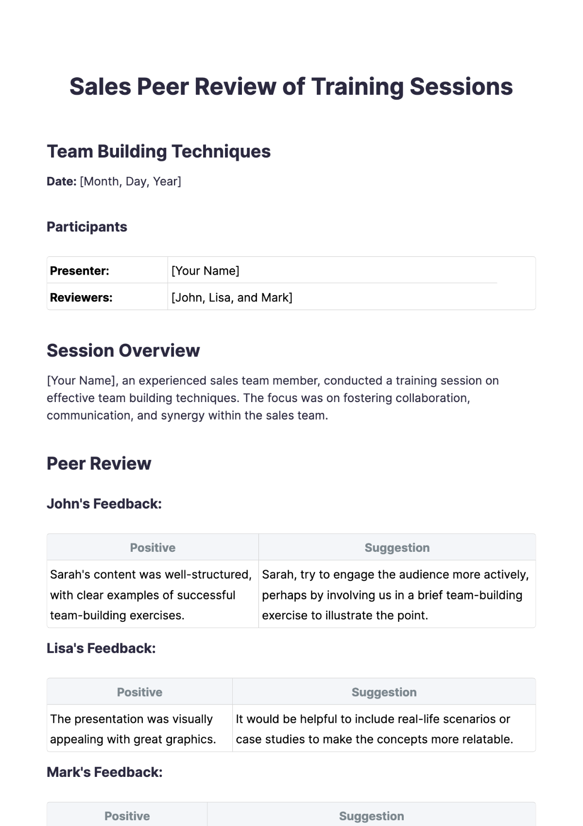Sales Peer Review of Training Sessions Template - Edit Online & Download