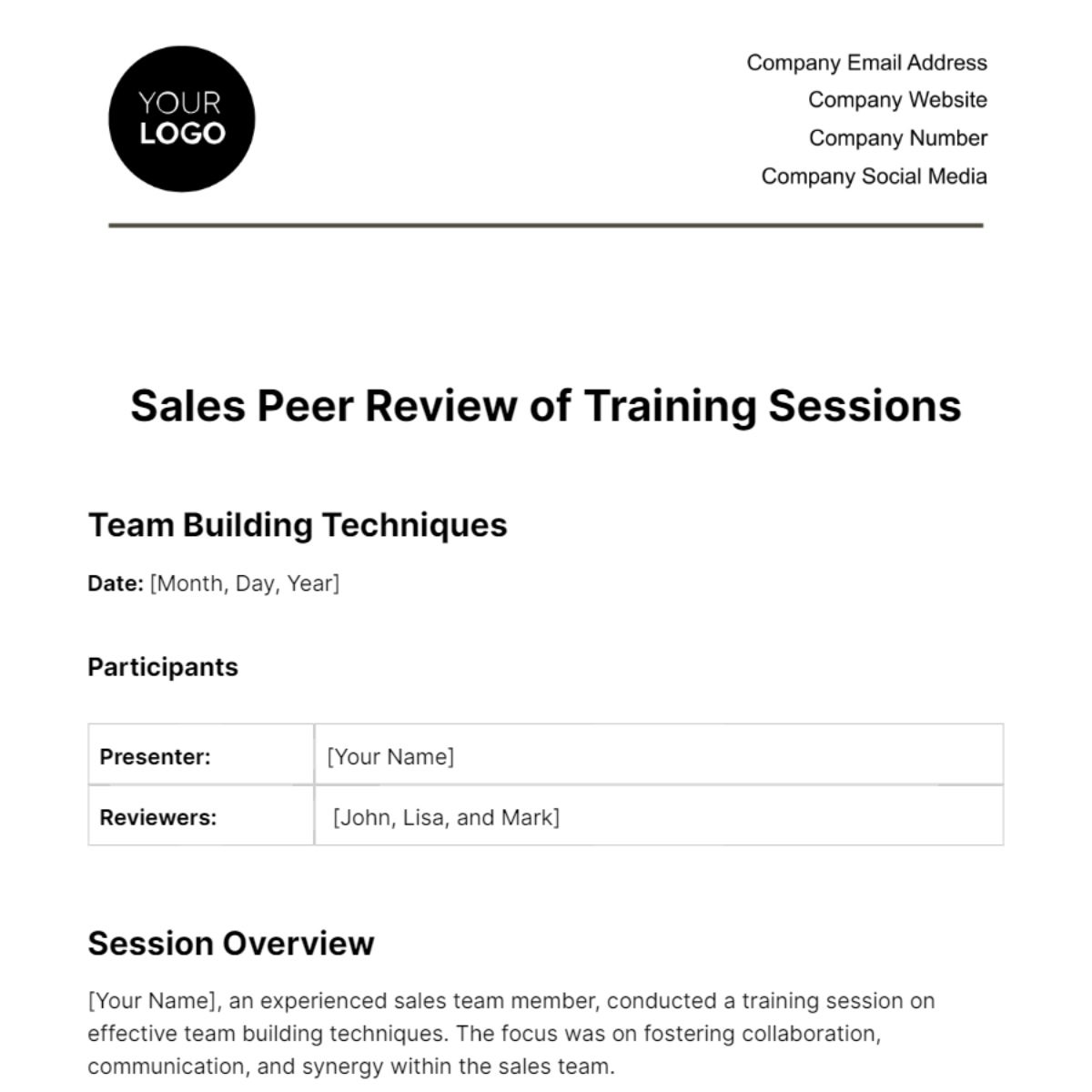 Free Sales Peer Review of Training Sessions Template
