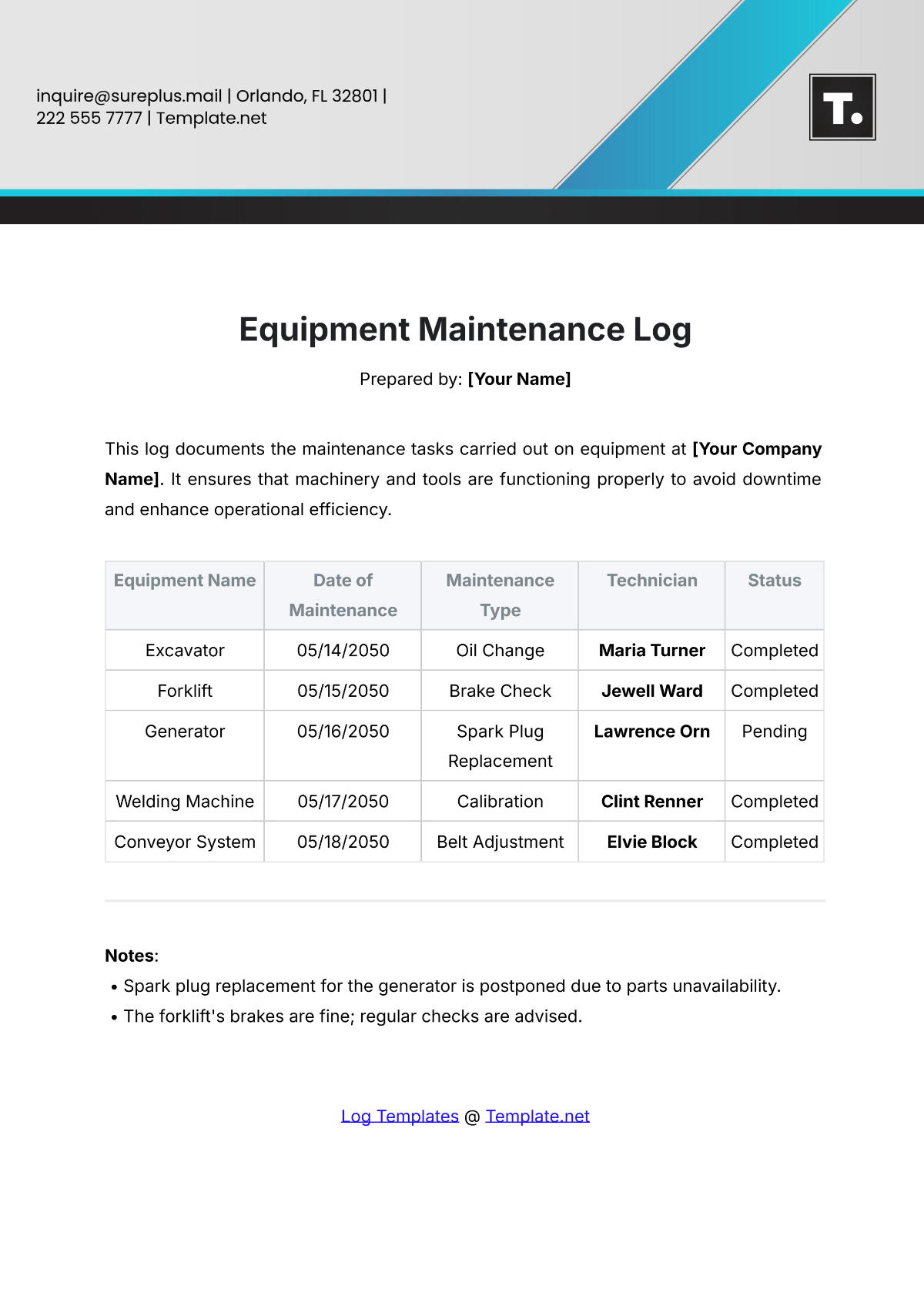 Equipment Maintenance Log Template - Edit Online & Download