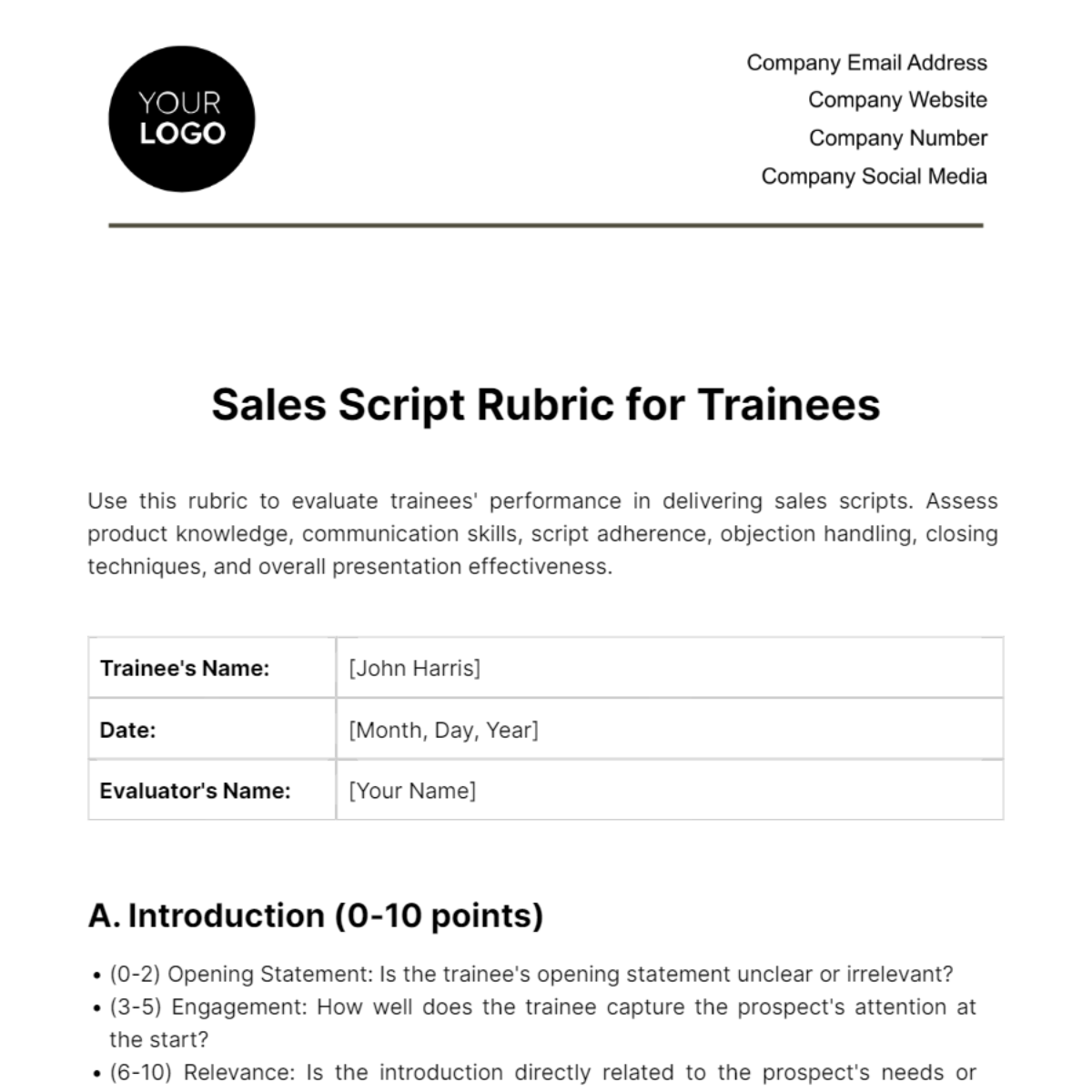 Sales Script Rubric for Trainees Template