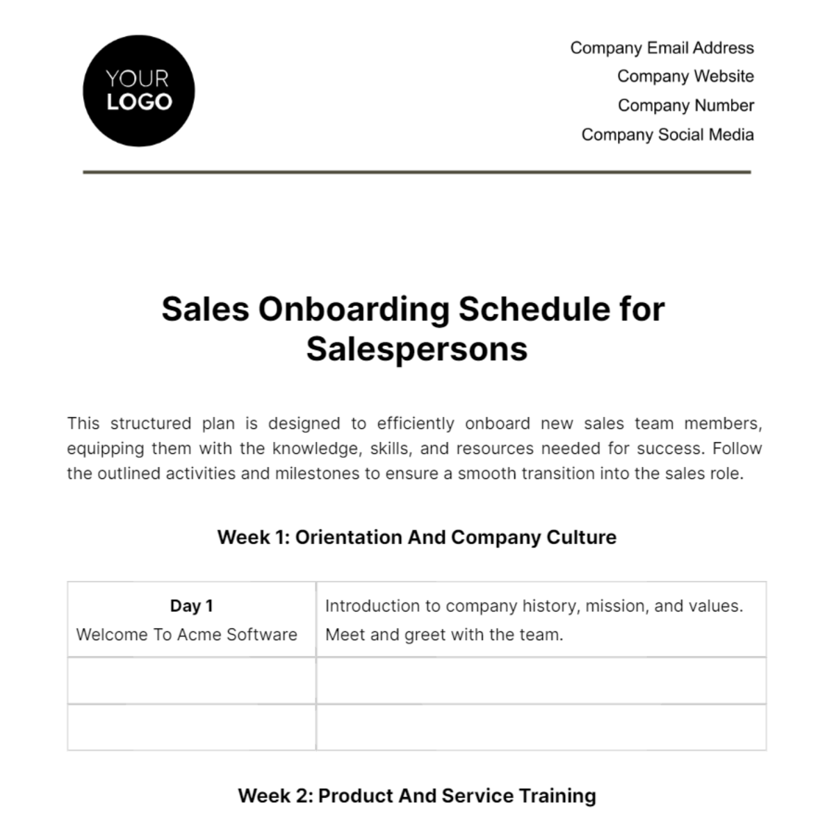 Free Sales Onboarding Schedule for Salespersons Template