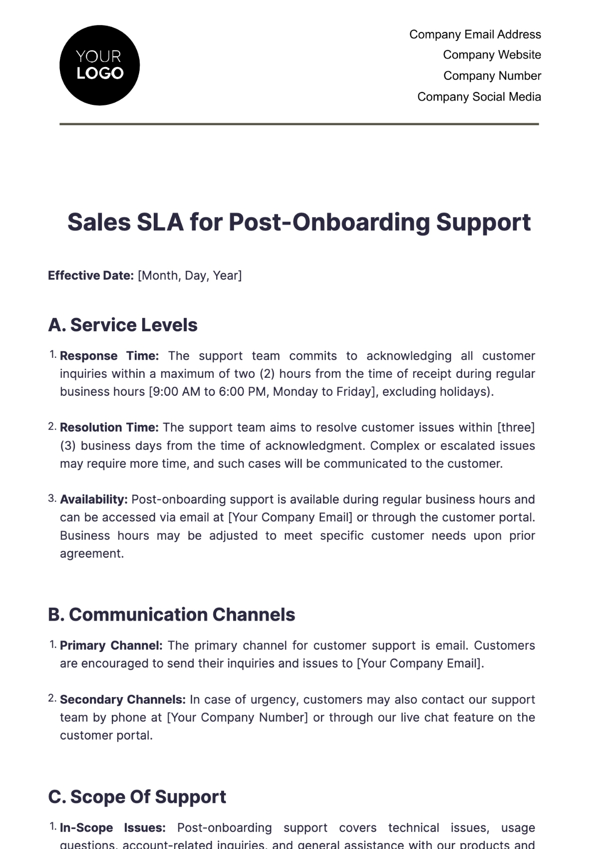 Sales SLA for Post-Onboarding Support Template - Edit Online & Download