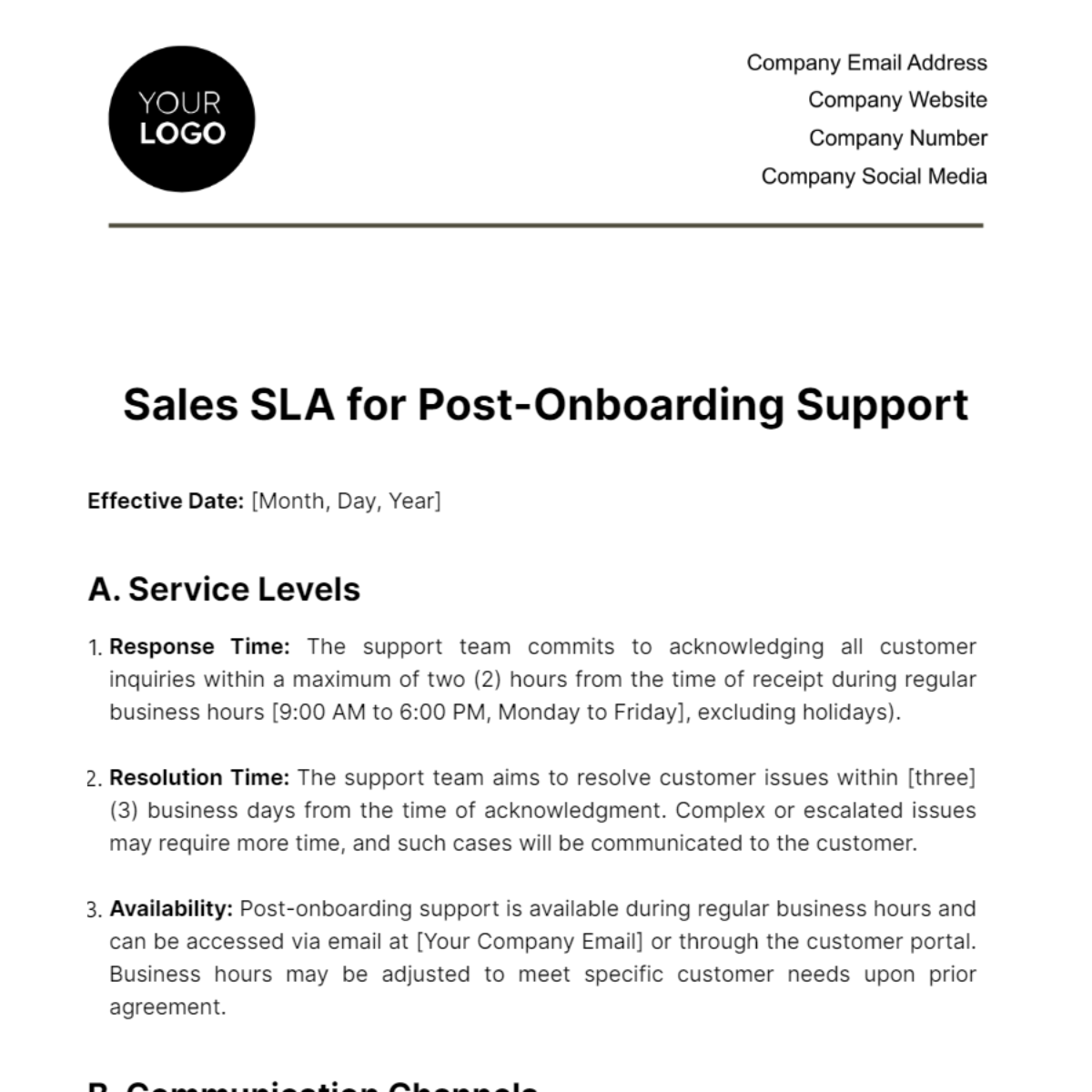 Sales SLA for Post-Onboarding Support Template