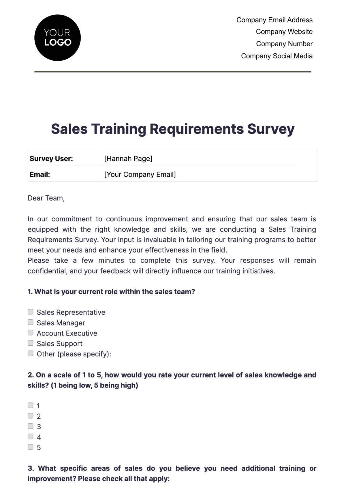 Sales Training Requirements Survey Template - Edit Online & Download