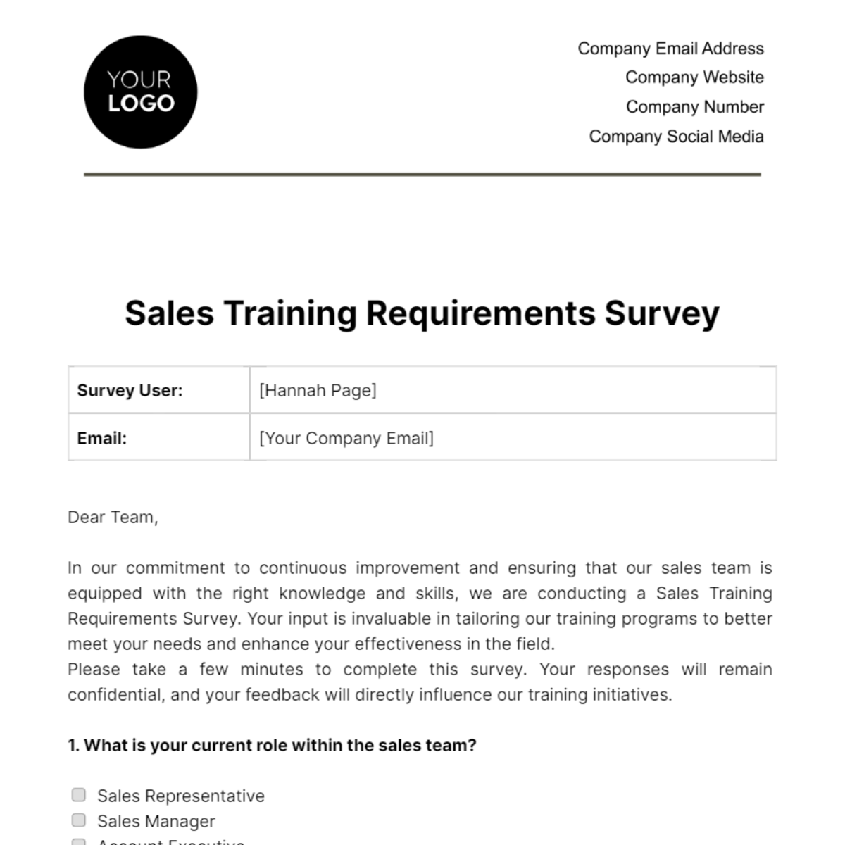 Sales Training Requirements Survey Template