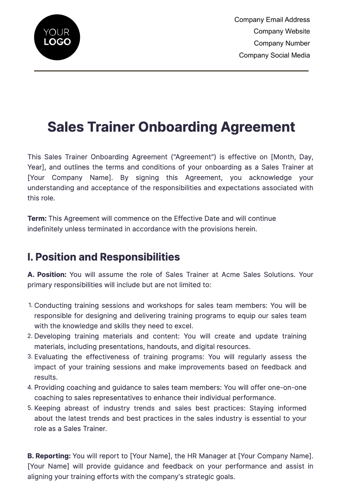 Sales Trainer Onboarding Agreement Template - Edit Online & Download