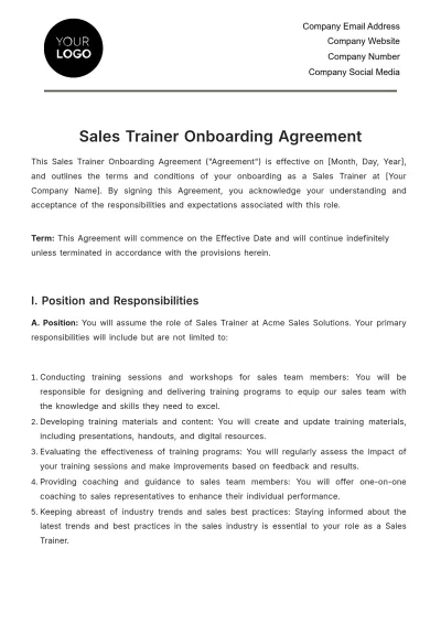 Free Sales Trainer Onboarding Agreement Template to Edit Online