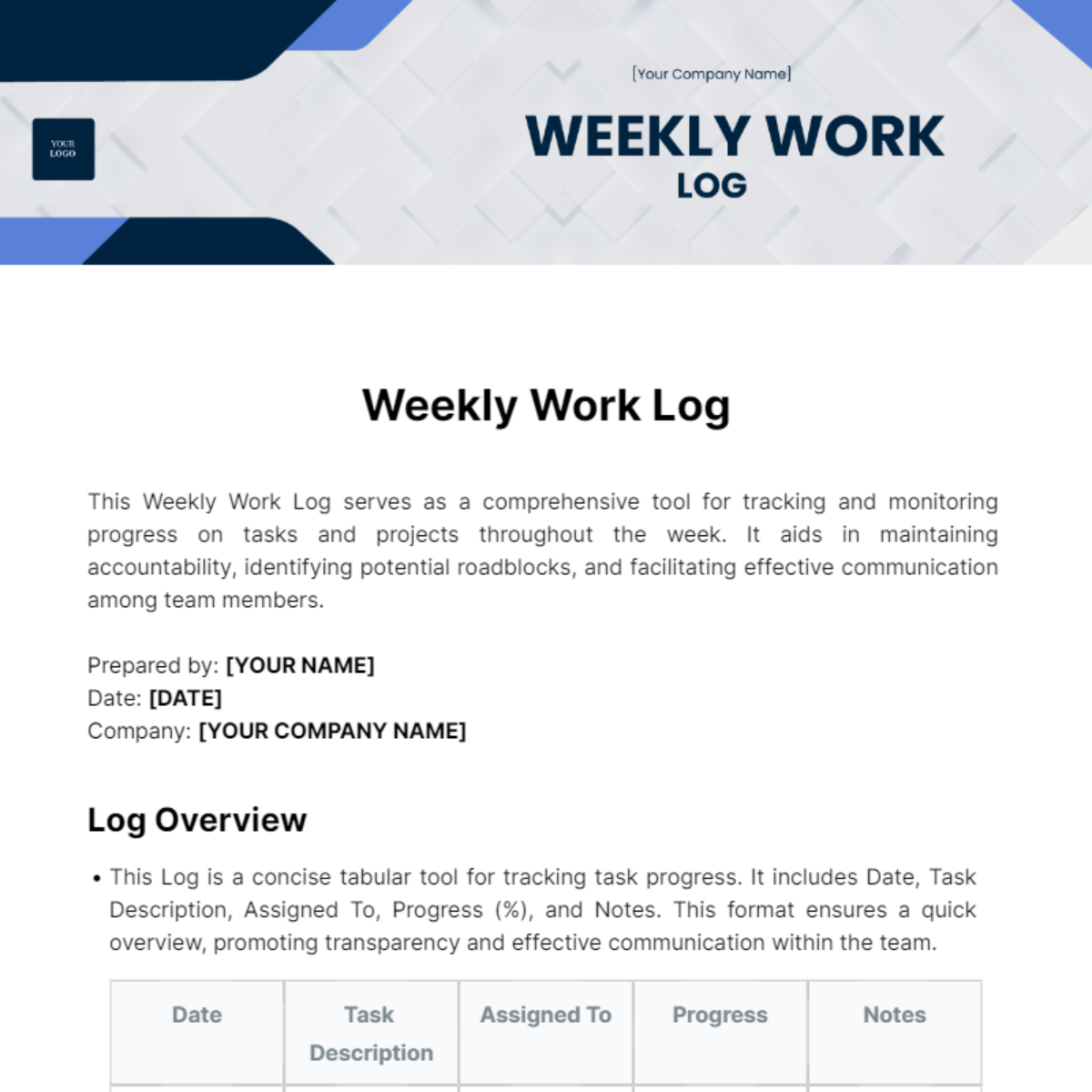 Free Weekly Work Log Template