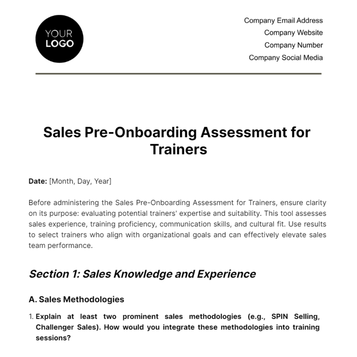 Sales Pre-Onboarding Assessment for Trainers Template