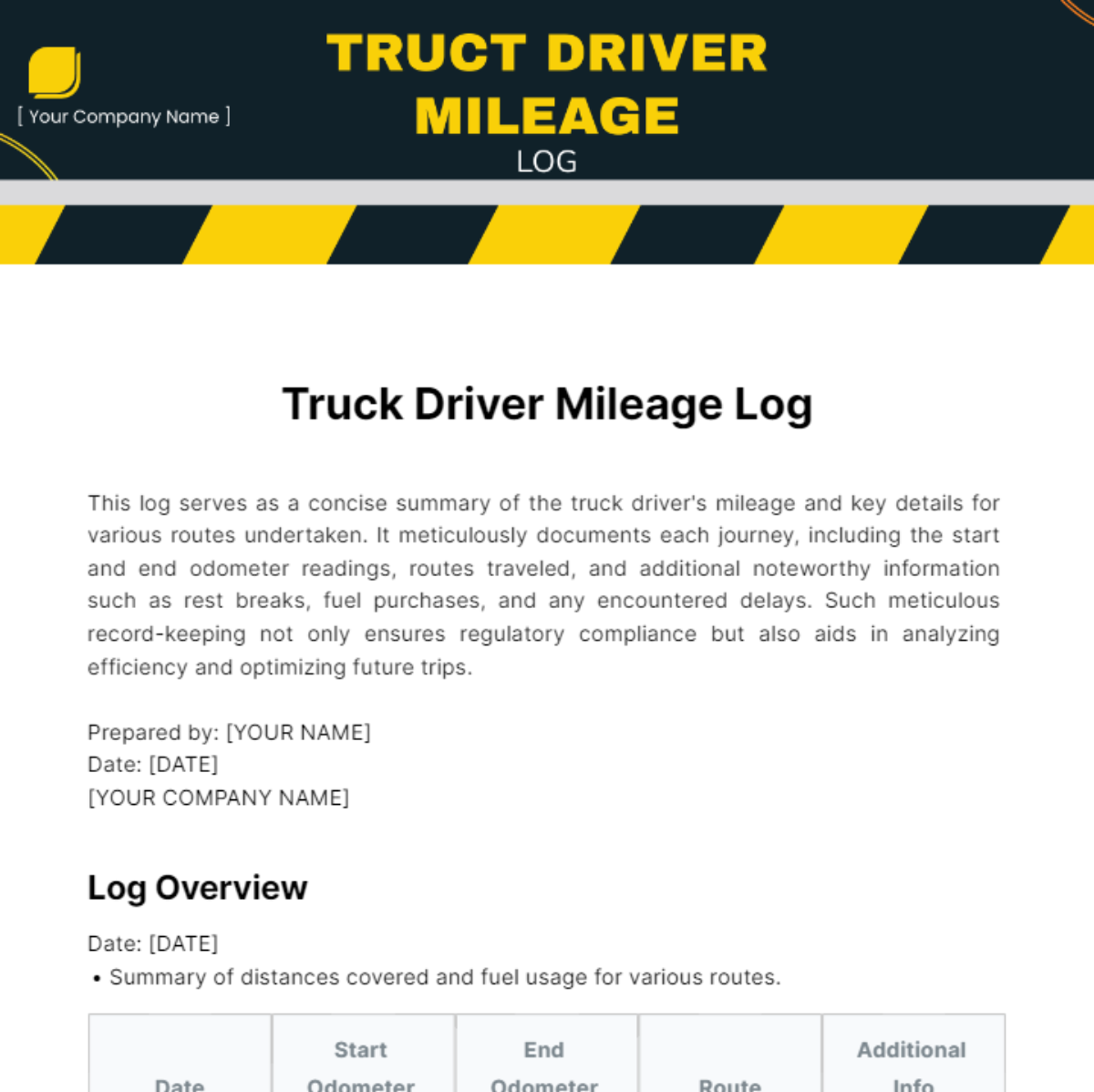 Truck Driver Mileage Log Template