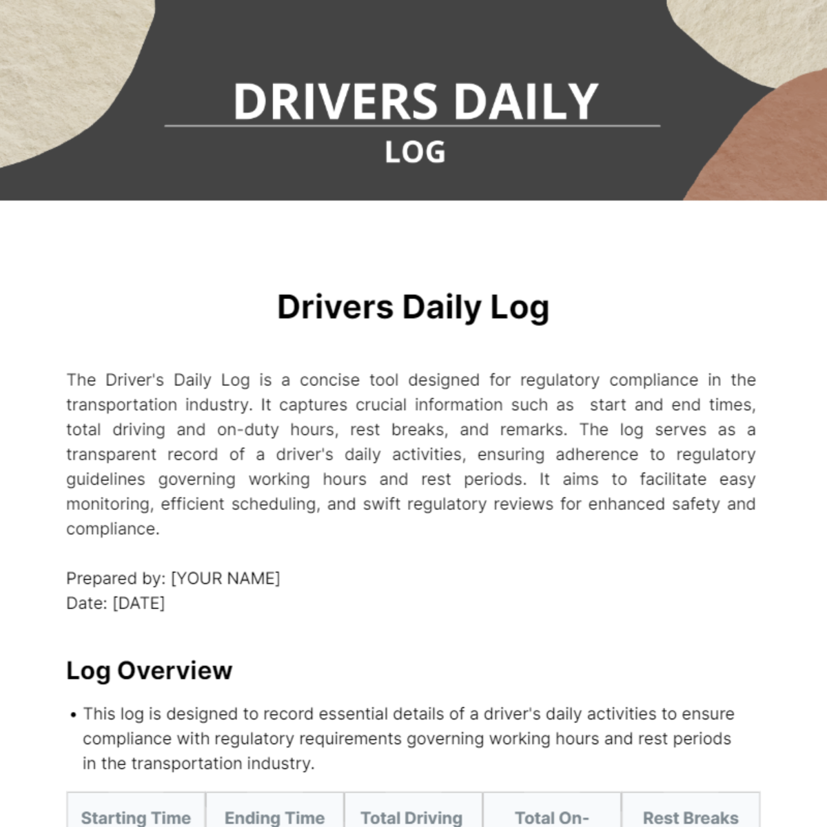 Free Drivers Daily Log Template