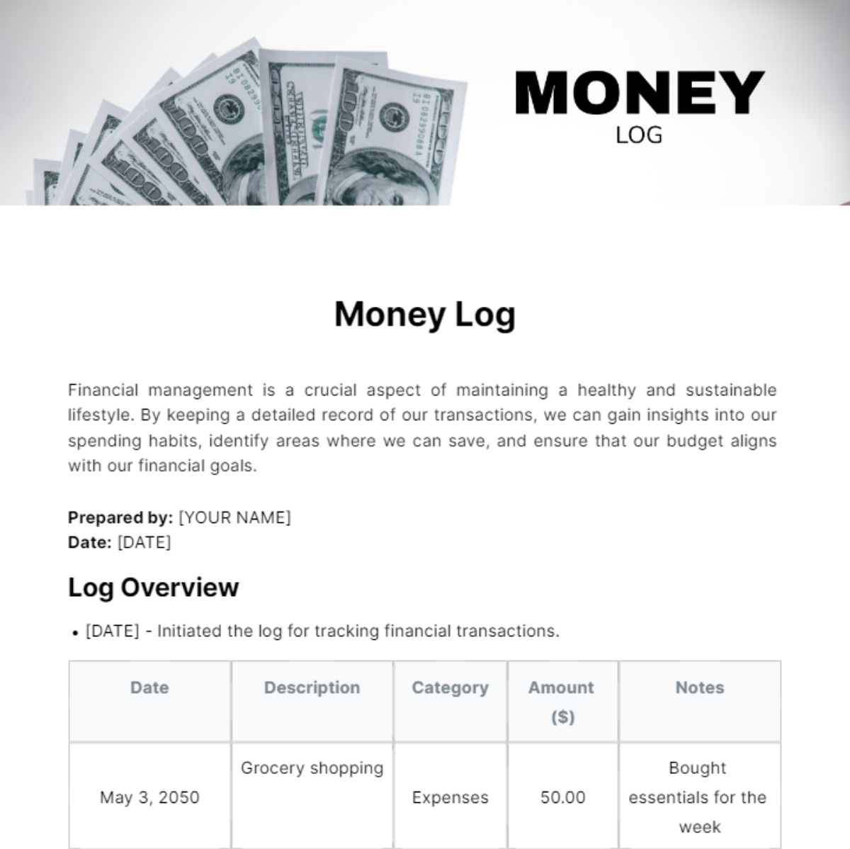 Free Money Log Template