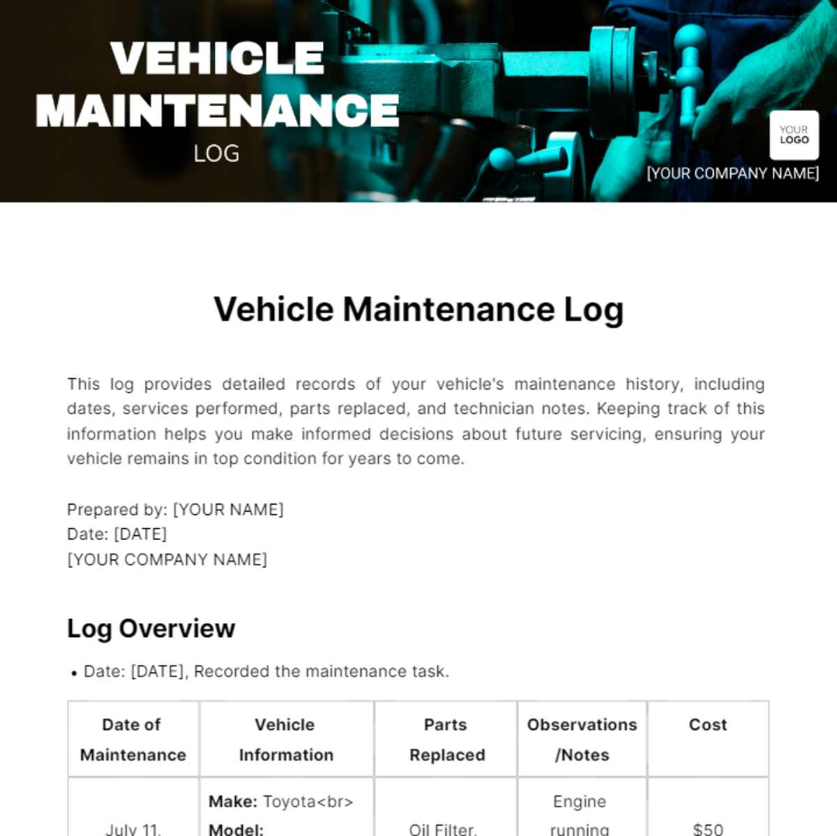 Vehicle Maintenance Log Template