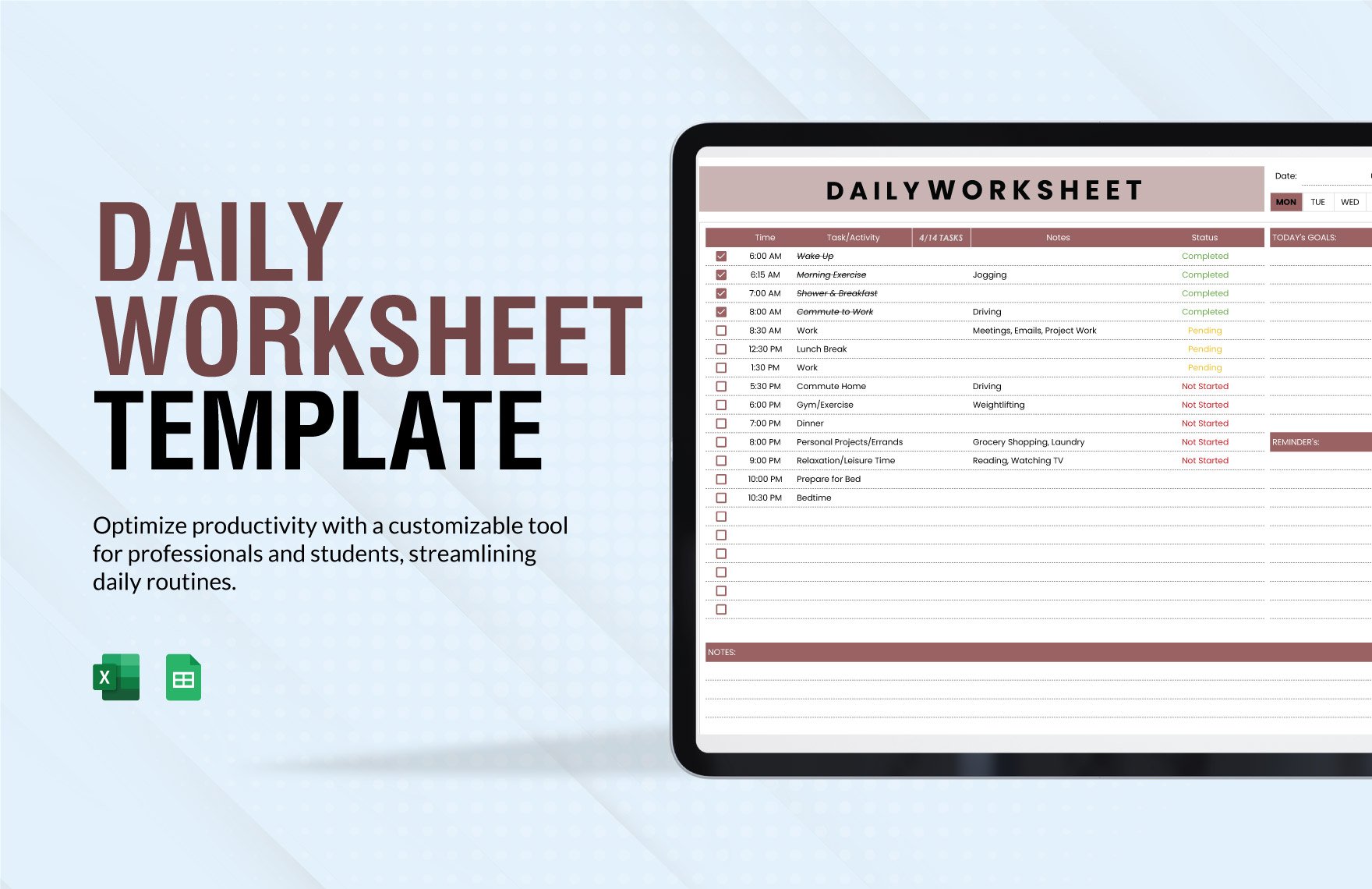 Daily Worksheet Template in Excel, Google Sheets