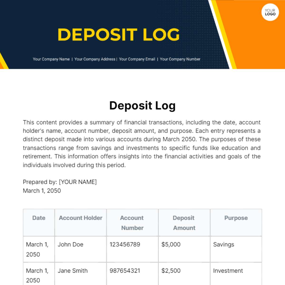 Deposit Log Template
