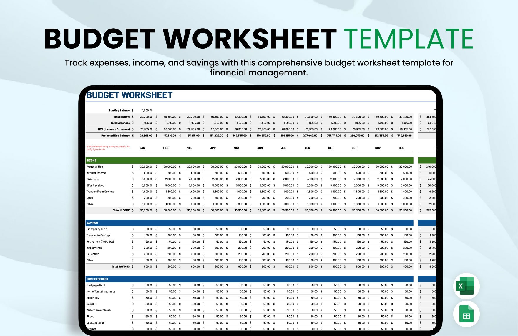 Budget Worksheet Template in Excel, Google Sheets