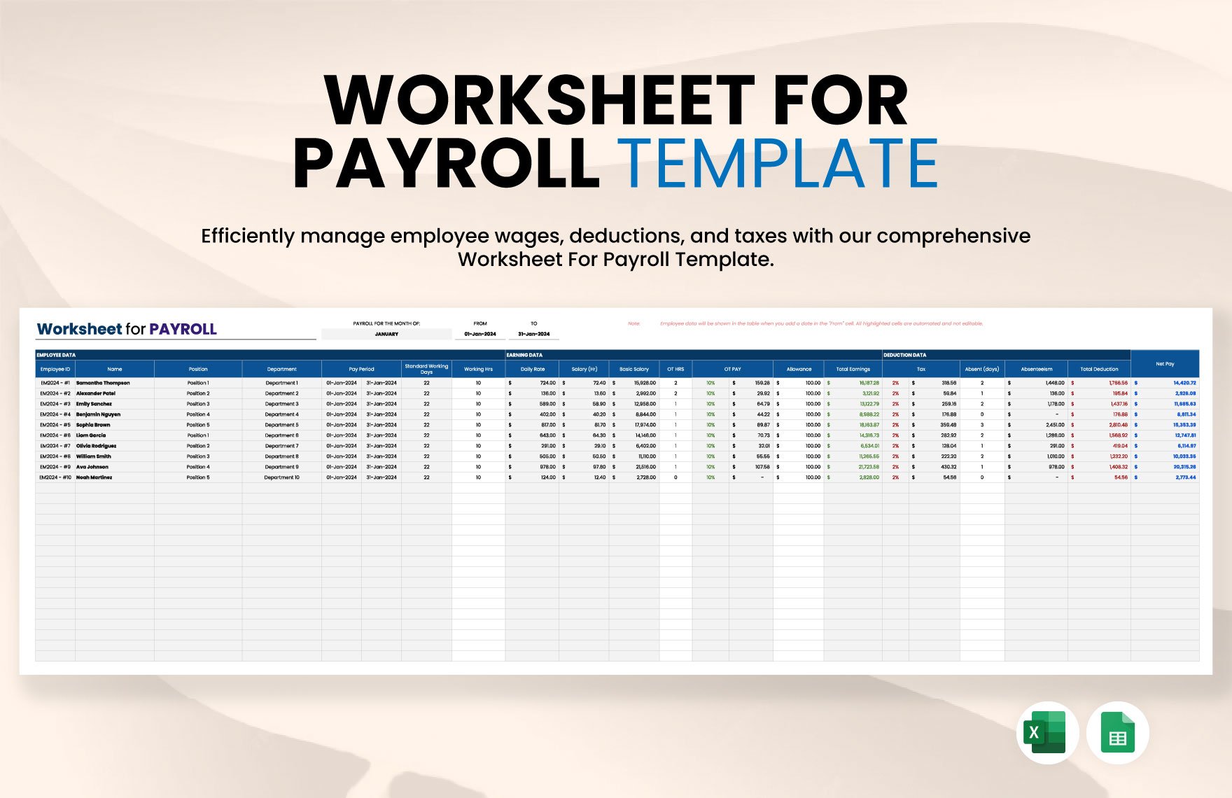 Worksheet For Payroll Template in Excel, Google Sheets
