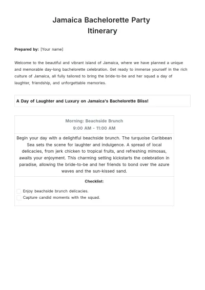 Free Jamaica Bachelorette Party Itinerary Template to Edit Online