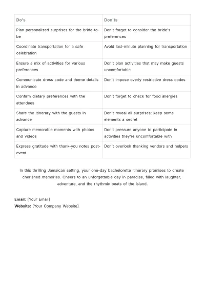 Free Jamaica Bachelorette Party Itinerary Template to Edit Online