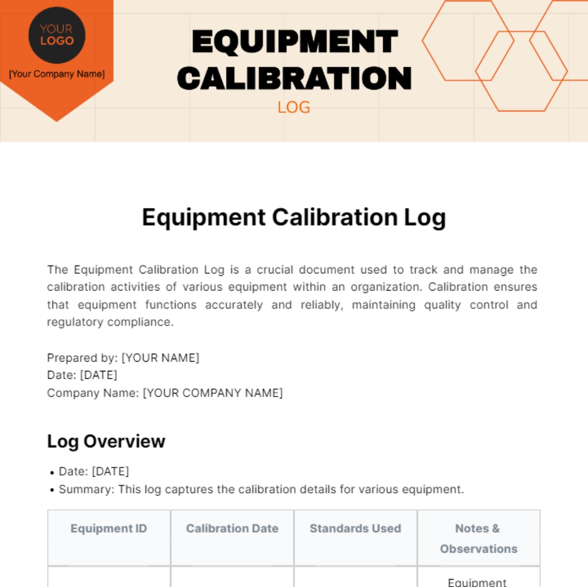 Equipment Calibration Log Template