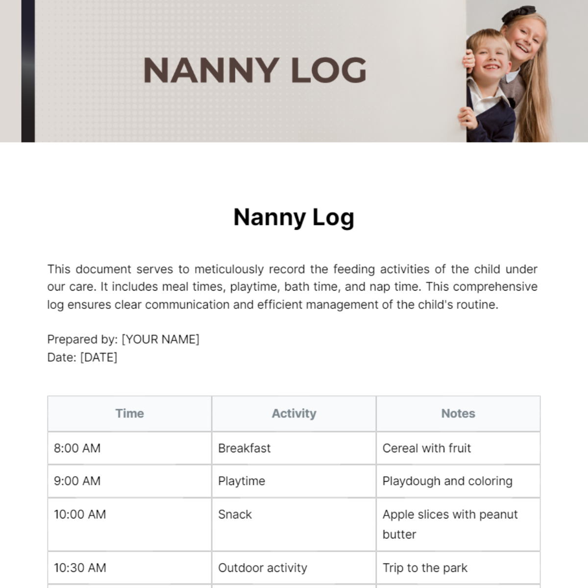 Nanny Log Template