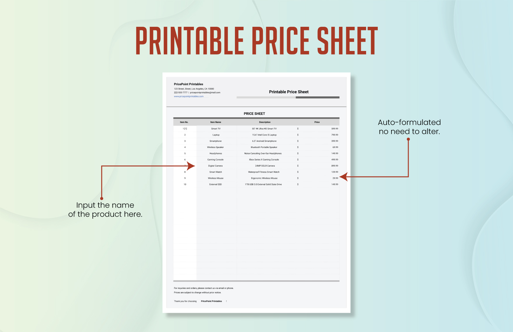 Printable Price Sheet Template