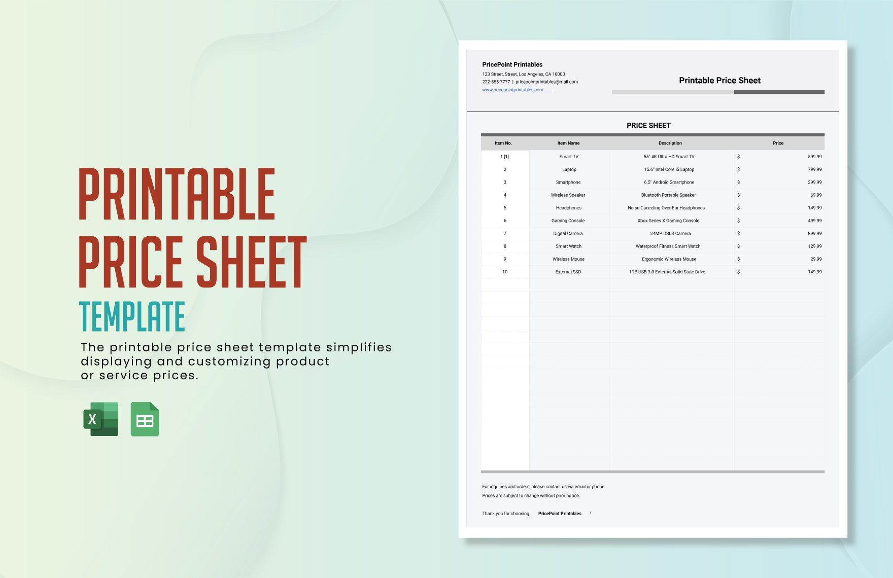 Free Printable Price Sheet Template in Excel, Google Sheets