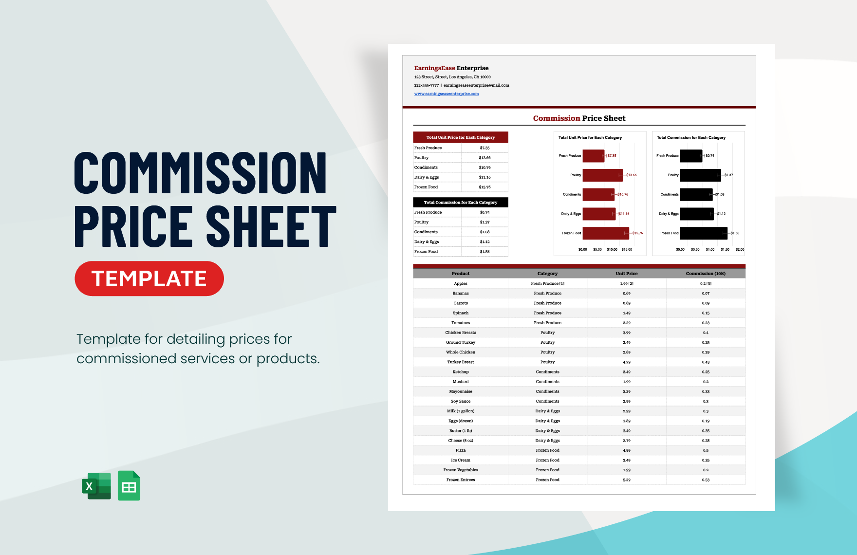 Commission Price Sheet Template in Excel, Google Sheets