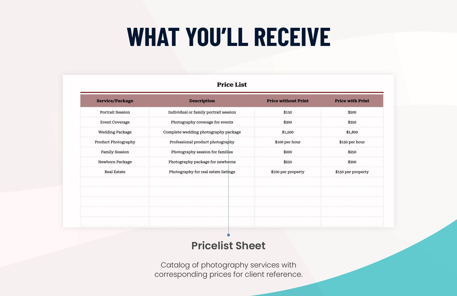 Photography Price Sheet Template