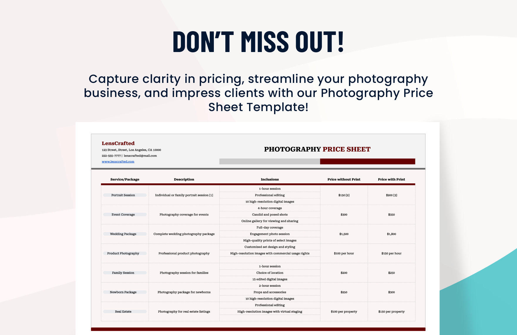 Photography Price Sheet Template