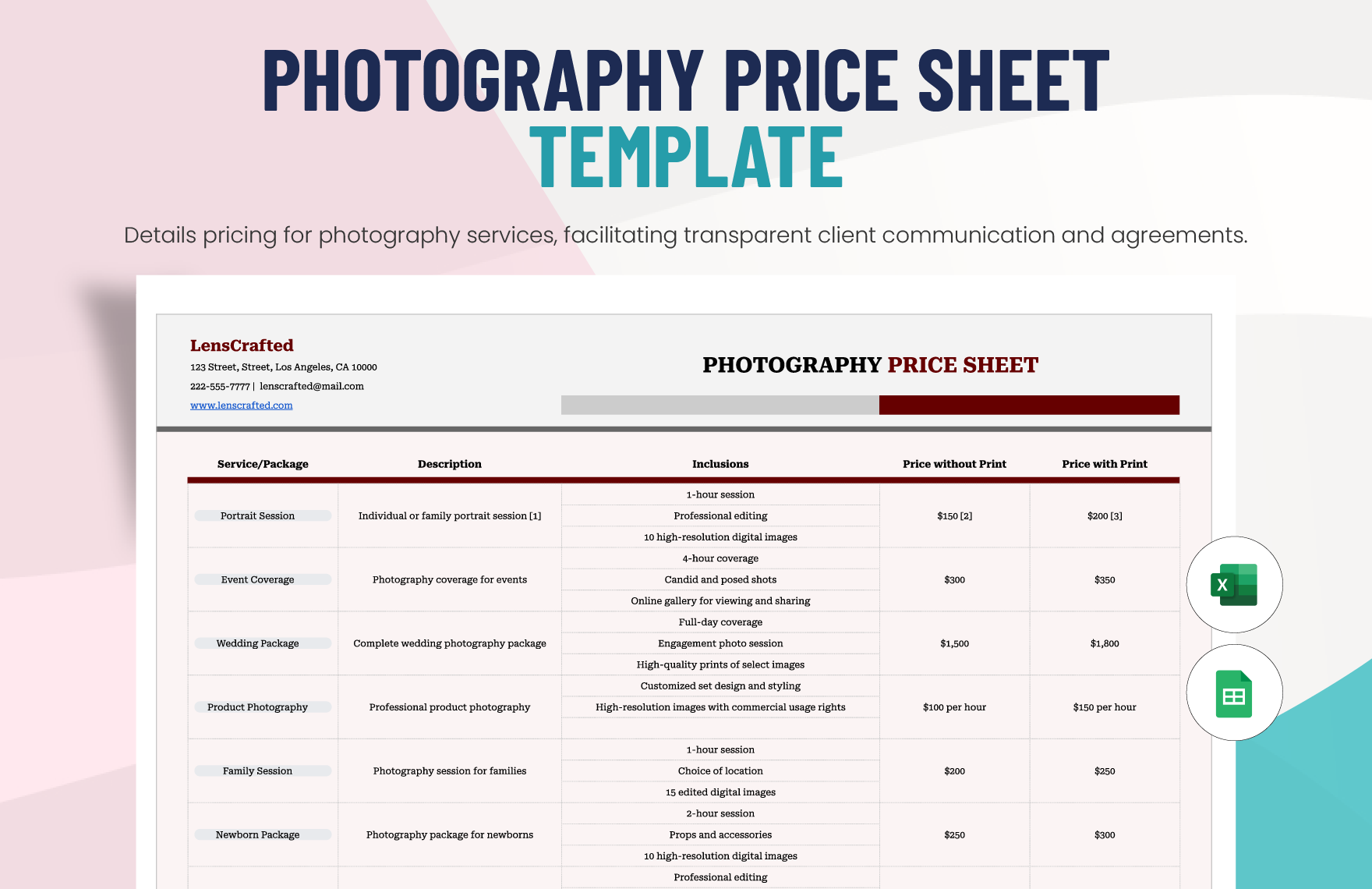 Photography Price Sheet Template in Excel, Google Sheets