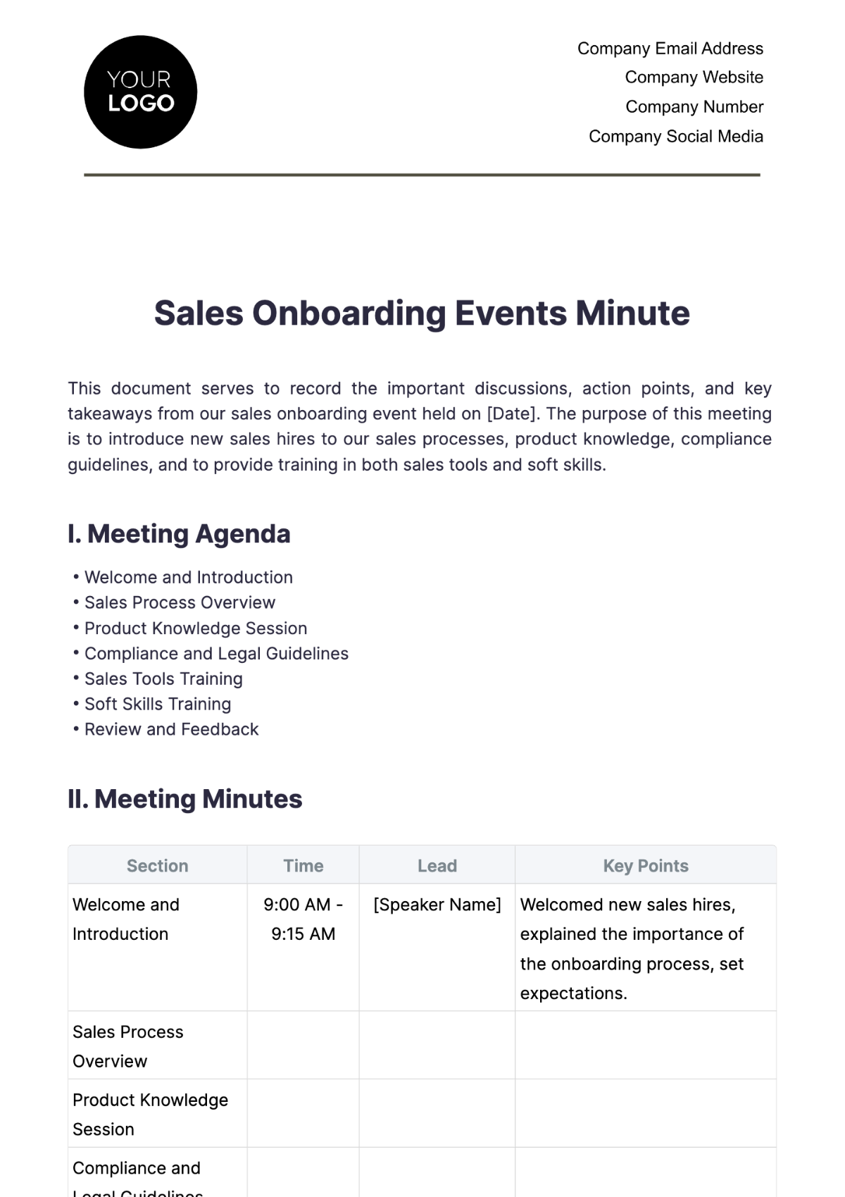 Sales Onboarding Events Minute Template - Edit Online & Download