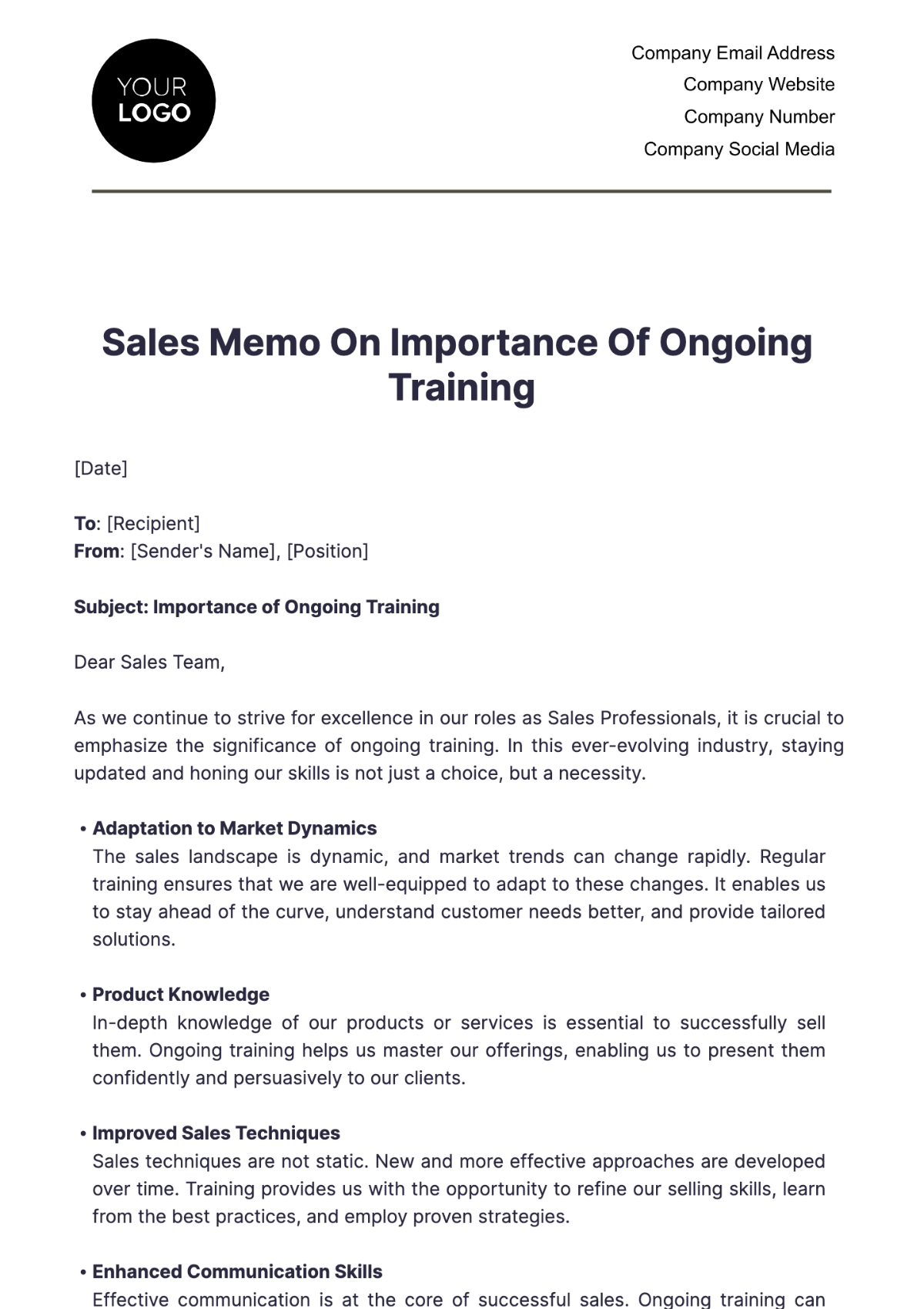 Sales Memo on Importance of Ongoing Training Template - Edit Online & Download