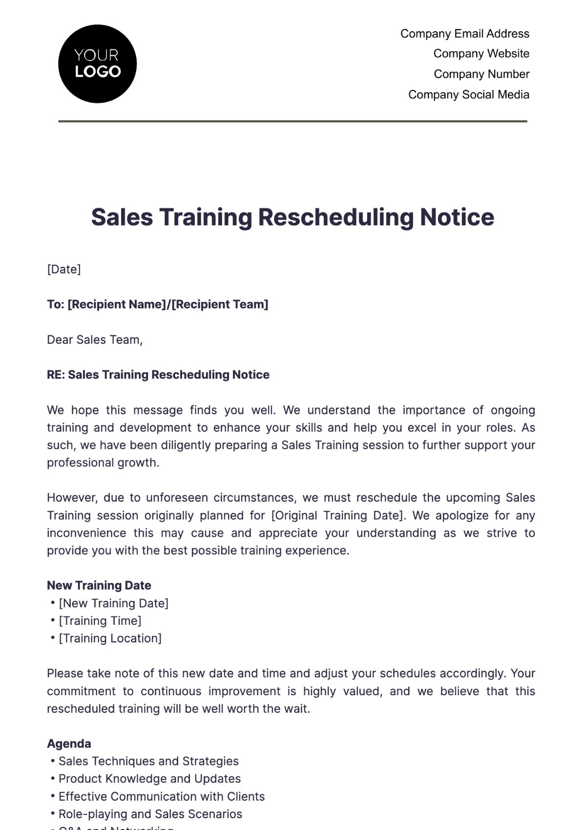 Sales Training Rescheduling Notice Template - Edit Online & Download