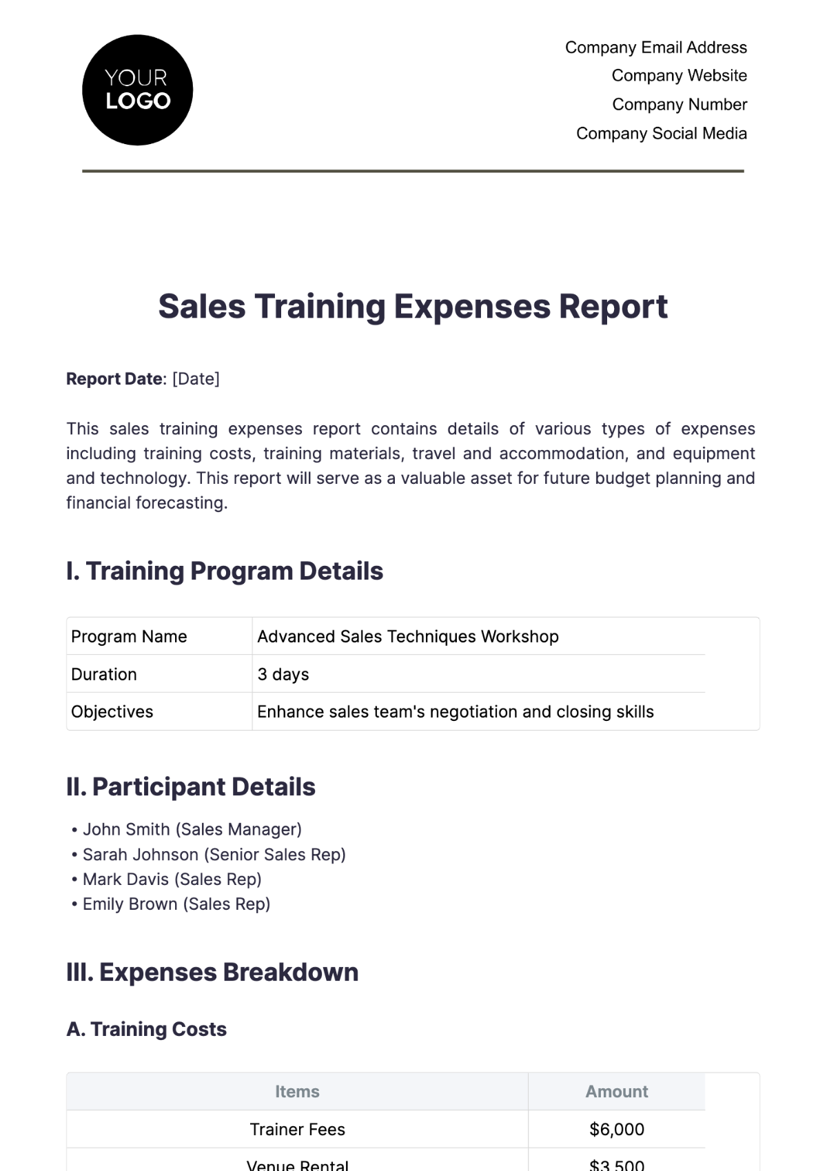 Sales Training Expenses Report Template - Edit Online & Download