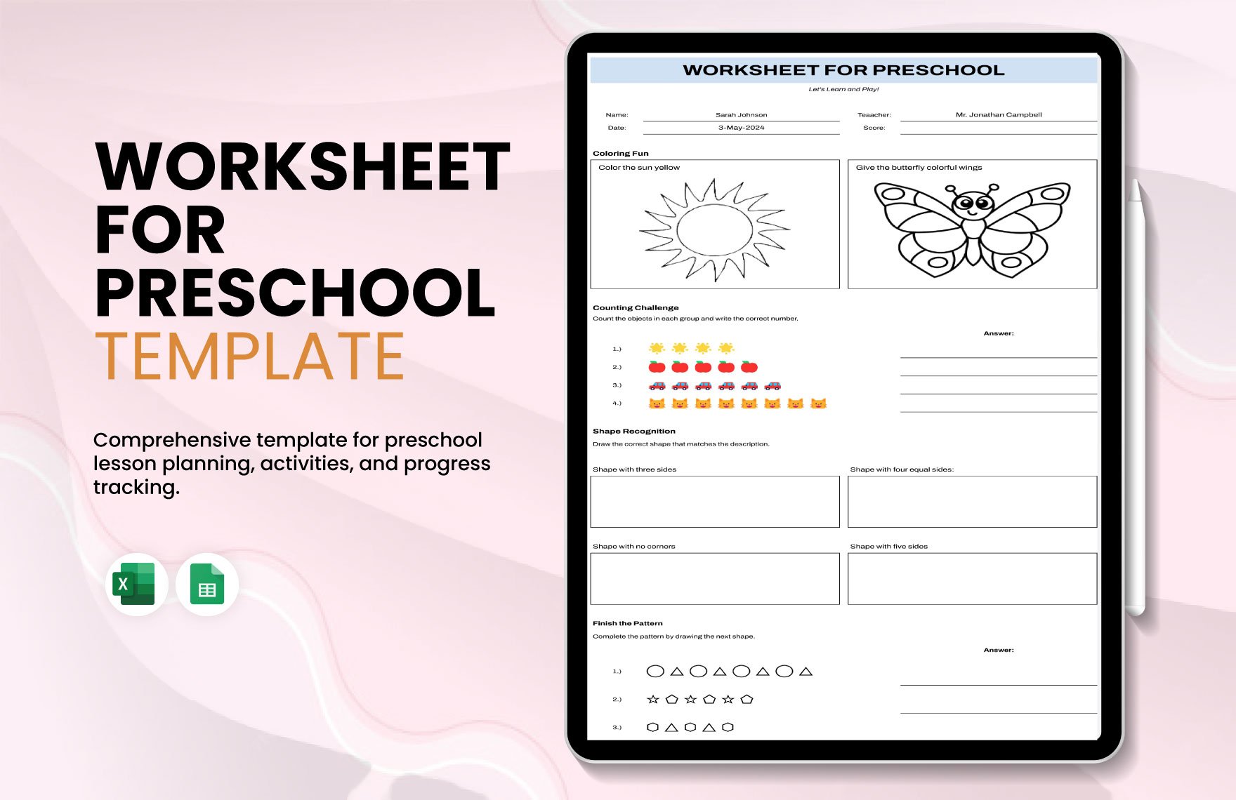 Worksheet For Preschool Template in Excel, Google Sheets