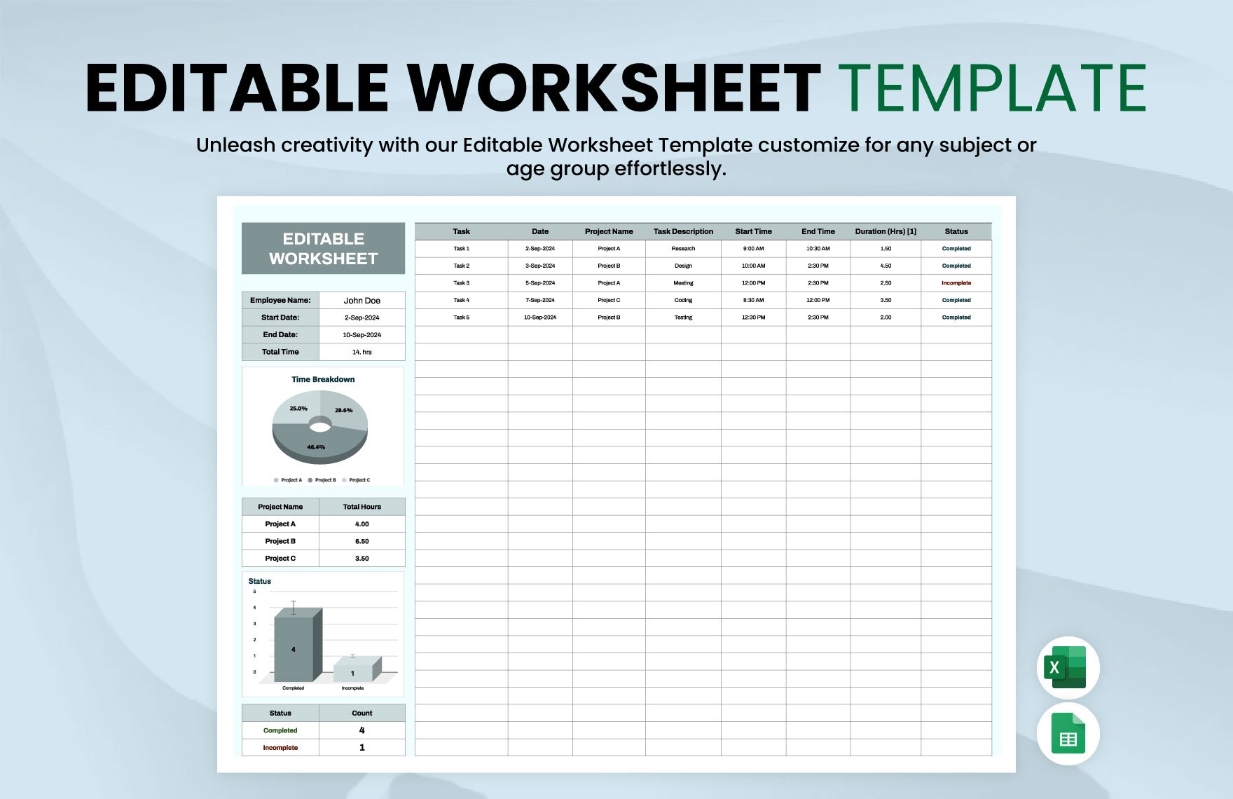 Editable Worksheet Template in Excel, Google Sheets