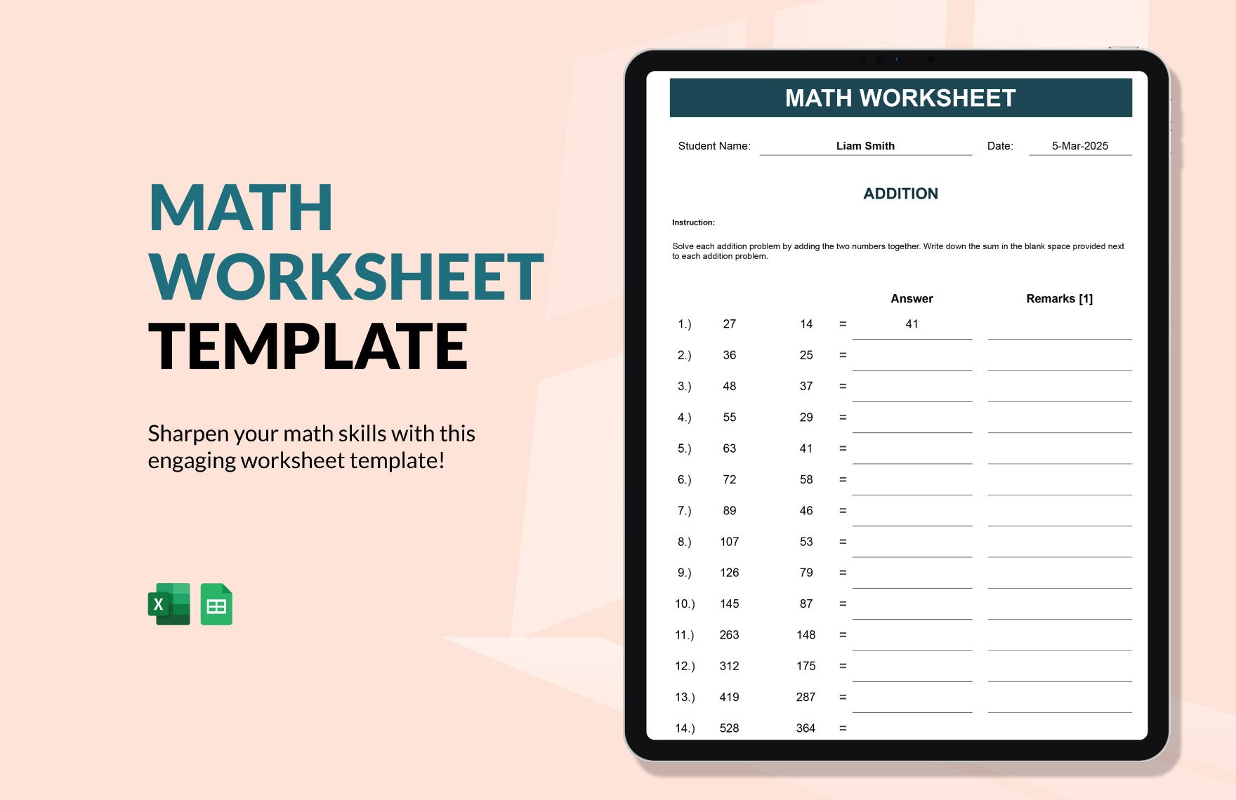 Math Worksheet Template in Excel, Google Sheets