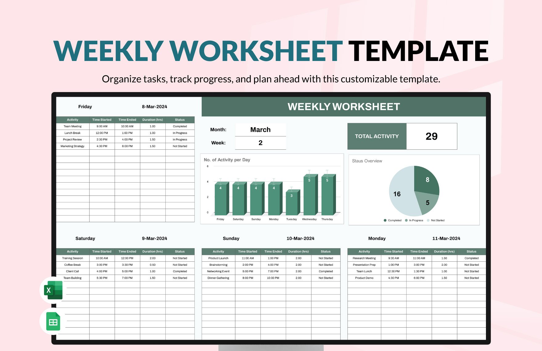 Weekly Worksheet Template in Excel, Google Sheets