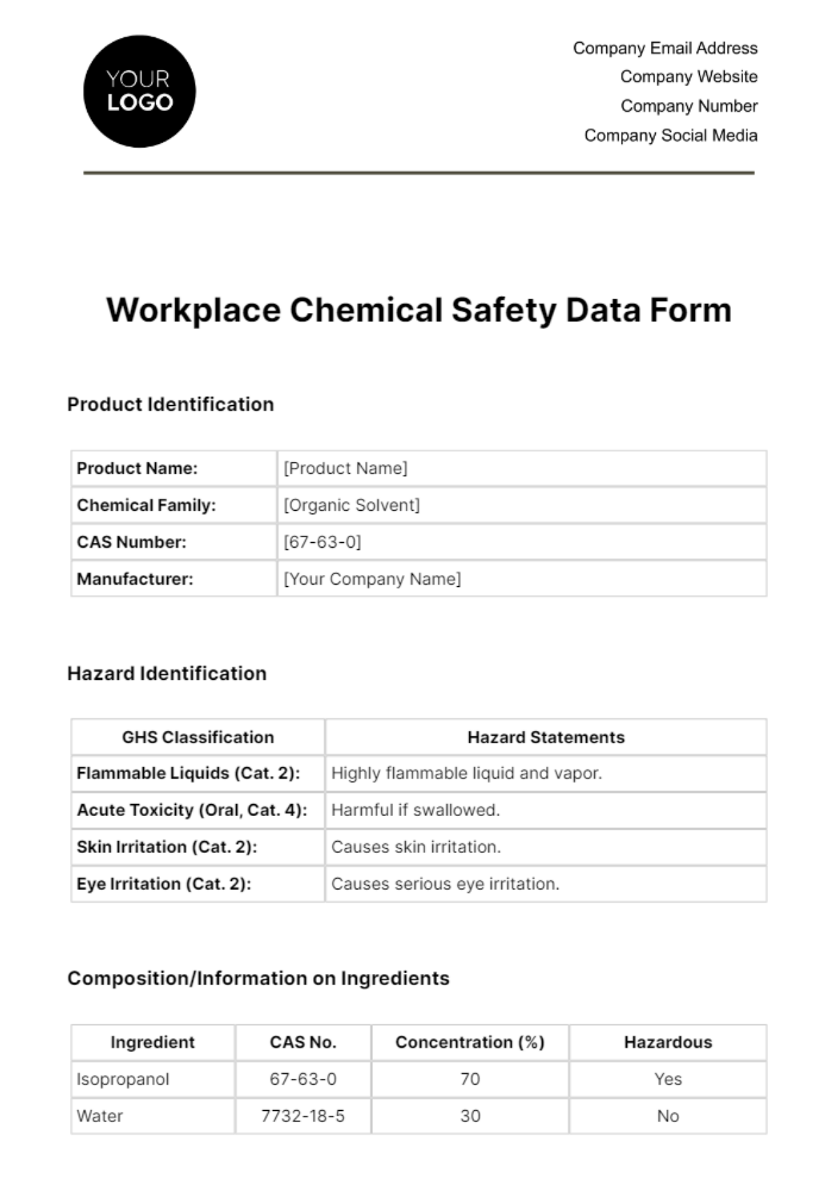 Free Workplace Chemical Safety Data Form Template 