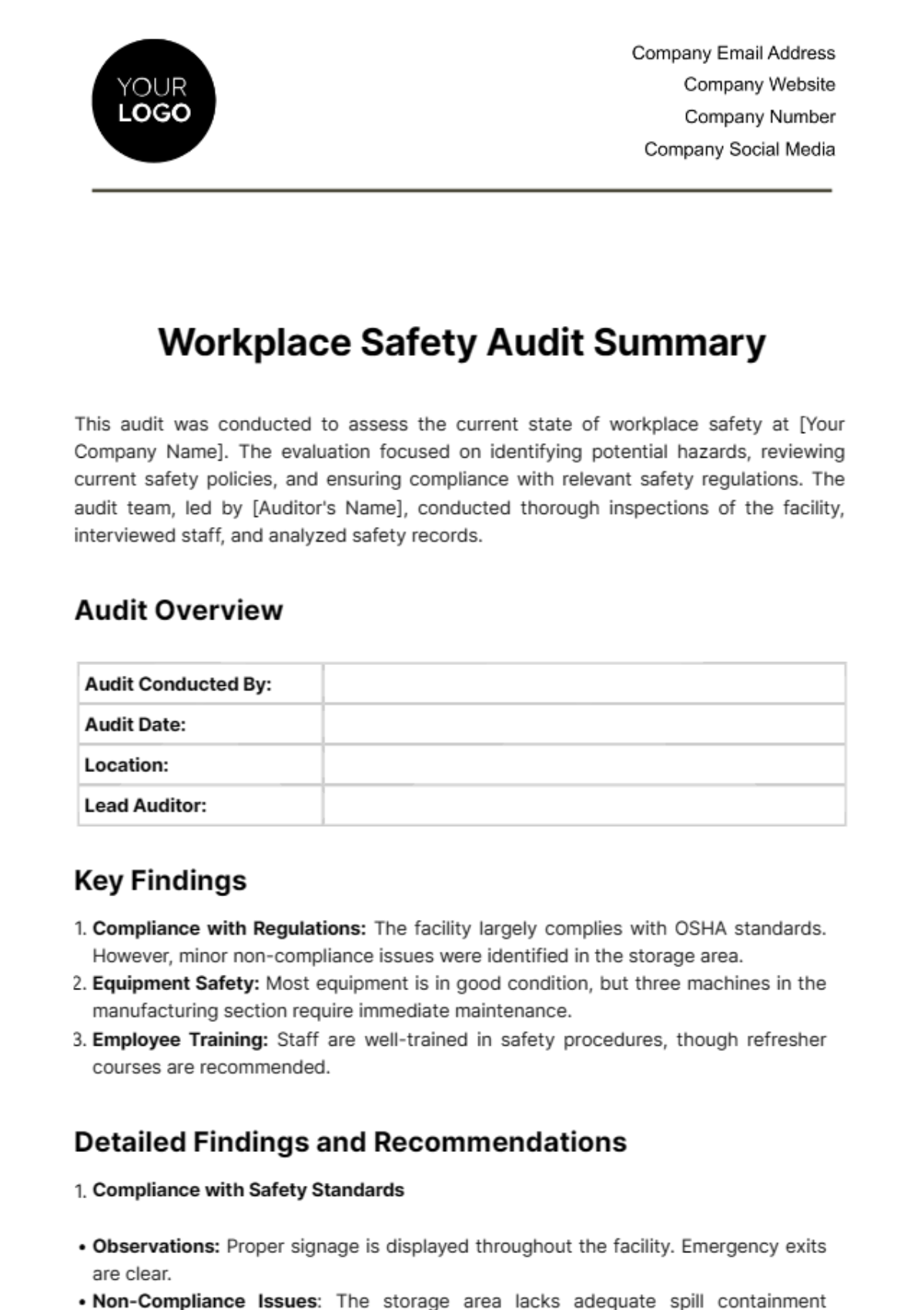 Workplace Safety Audit Summary Template